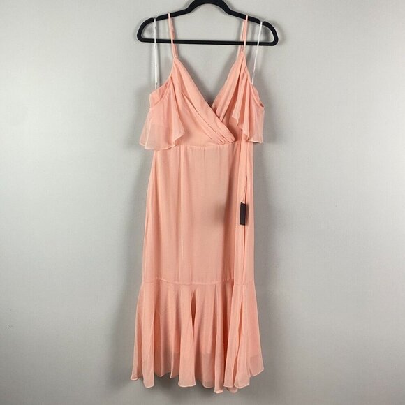 Lulus Surplice Midi Dress Size Large Short Sleeve A-Line Light Peach Pink - Picture 1 of 11